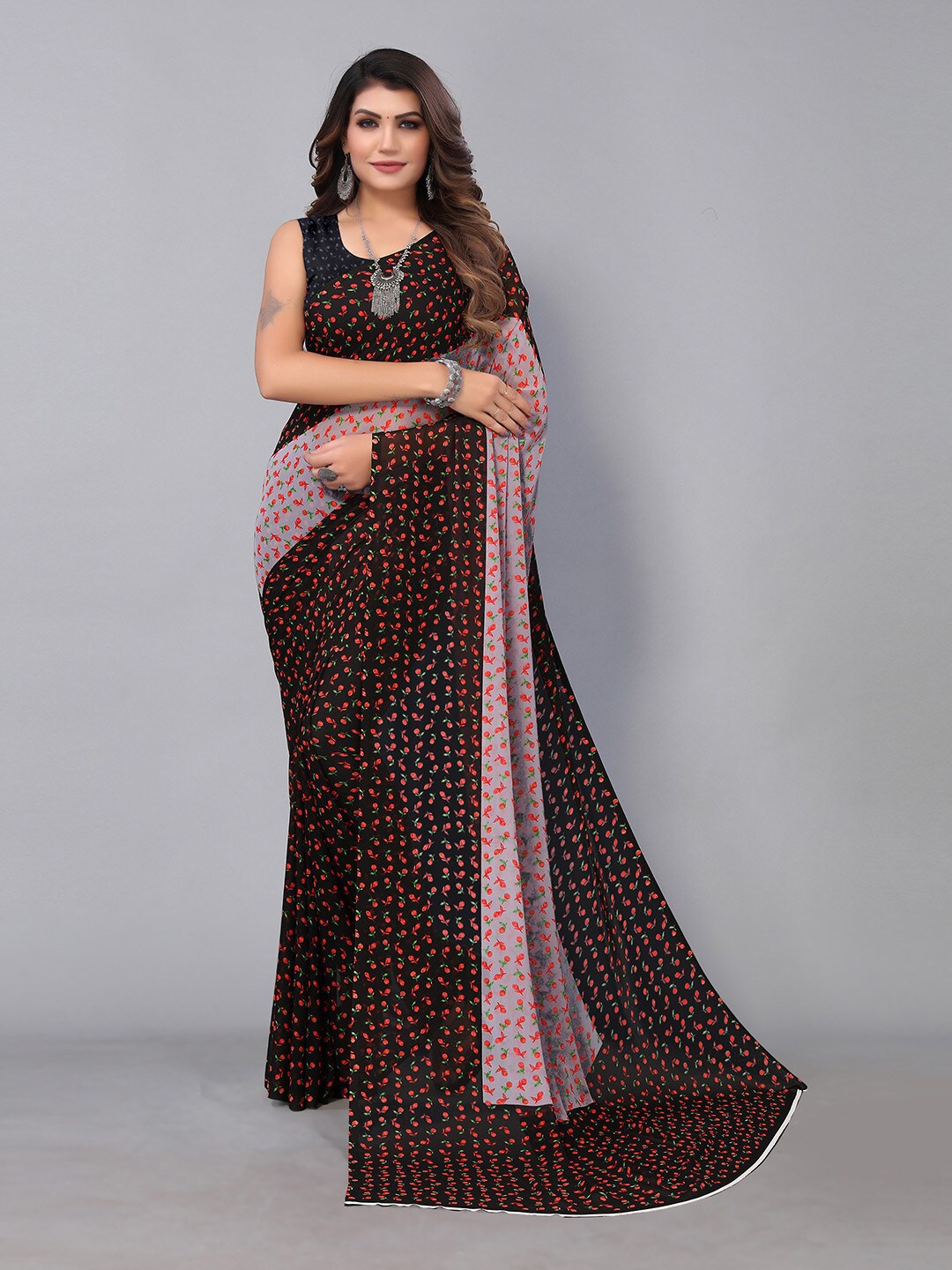

KALINI Floral Printed Pure Georgette Saree, Black