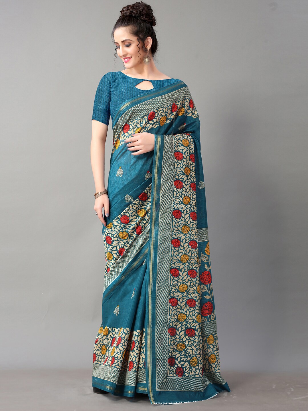 

KALINI Floral Printed Zari Saree, Teal