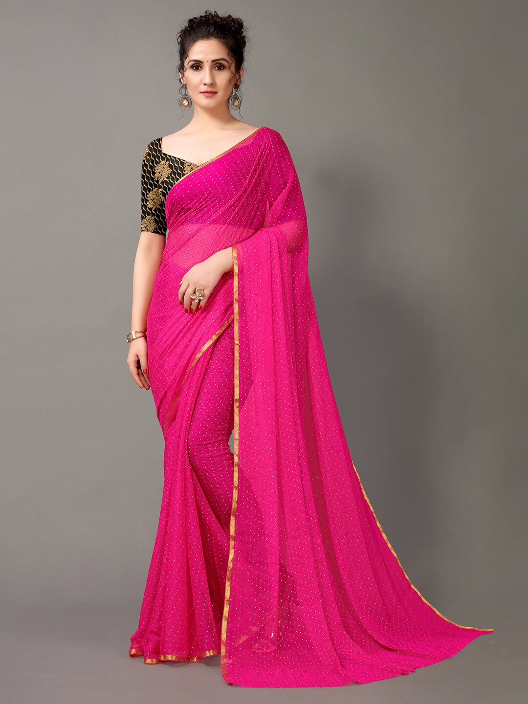 

KALINI Polka Dot Foil Printed Poly Chiffon Saree, Pink