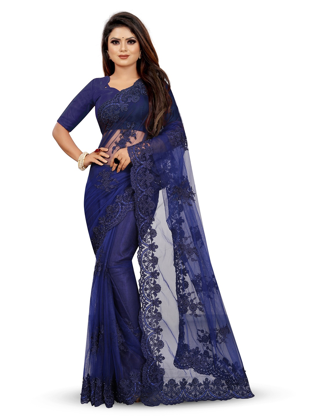 

BARKIYA CREATION Floral Embroidered Beads And Stones Net Saree, Navy blue