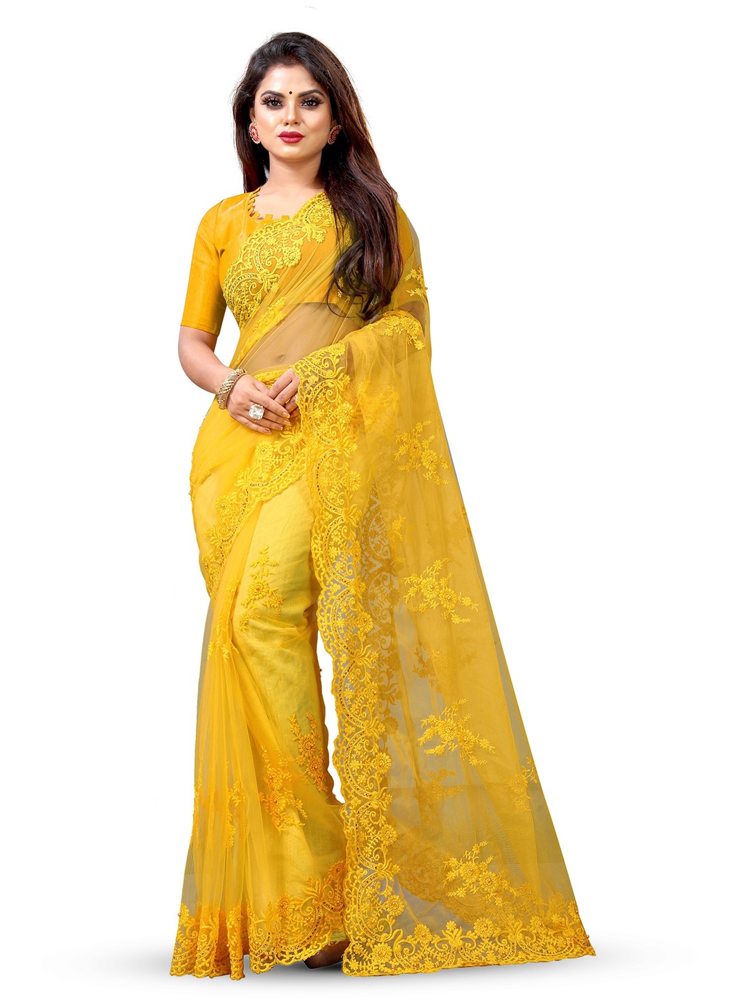 

BARKIYA CREATION Floral Embroidered Beads And Stones Net Saree, Yellow