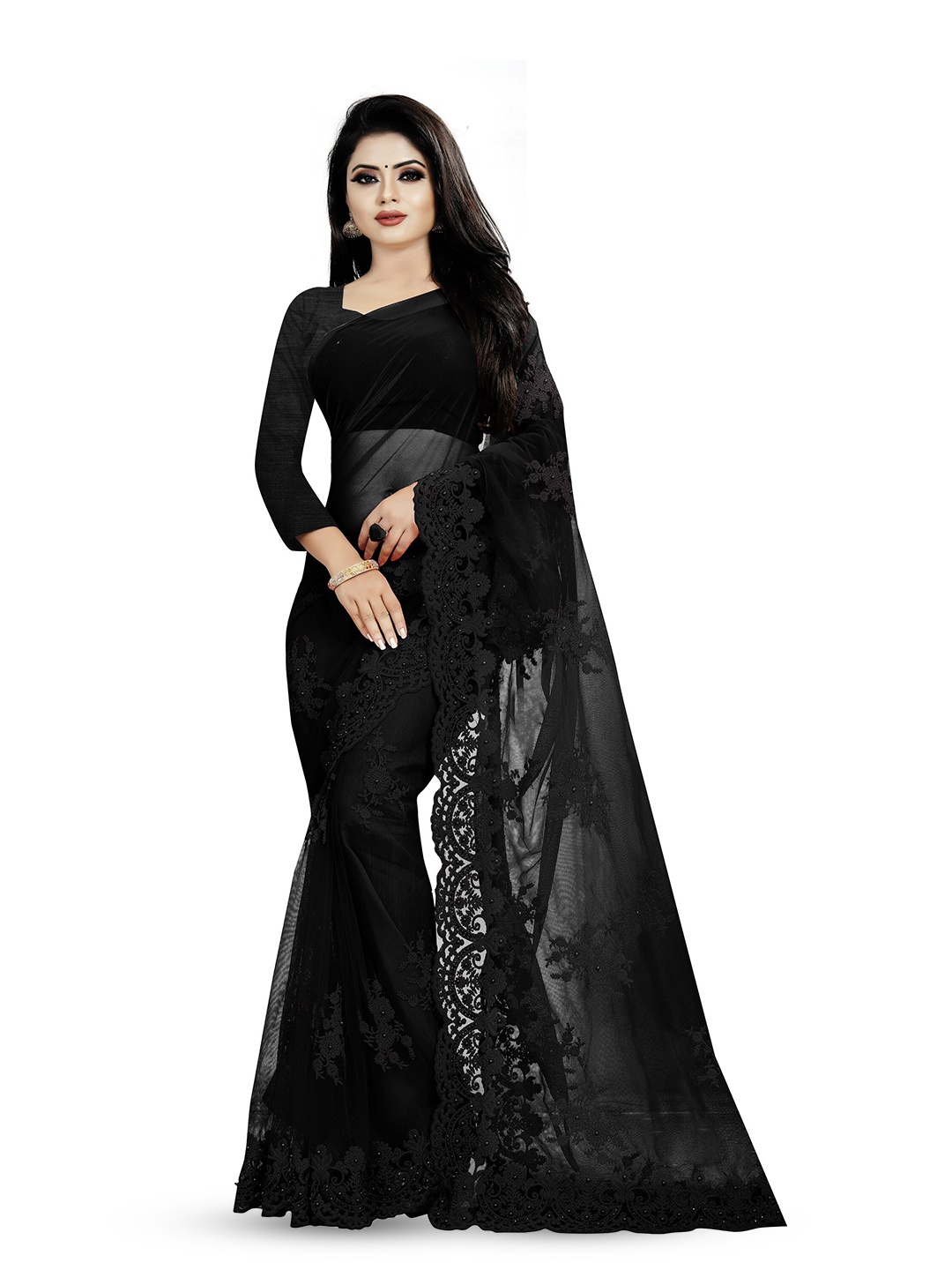 

BARKIYA CREATION Floral Embroidered Beads And Stones Net Saree, Black