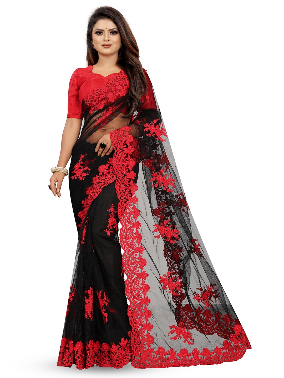 

BARKIYA CREATION Floral Embroidered Beads And Stones Net Saree, Black