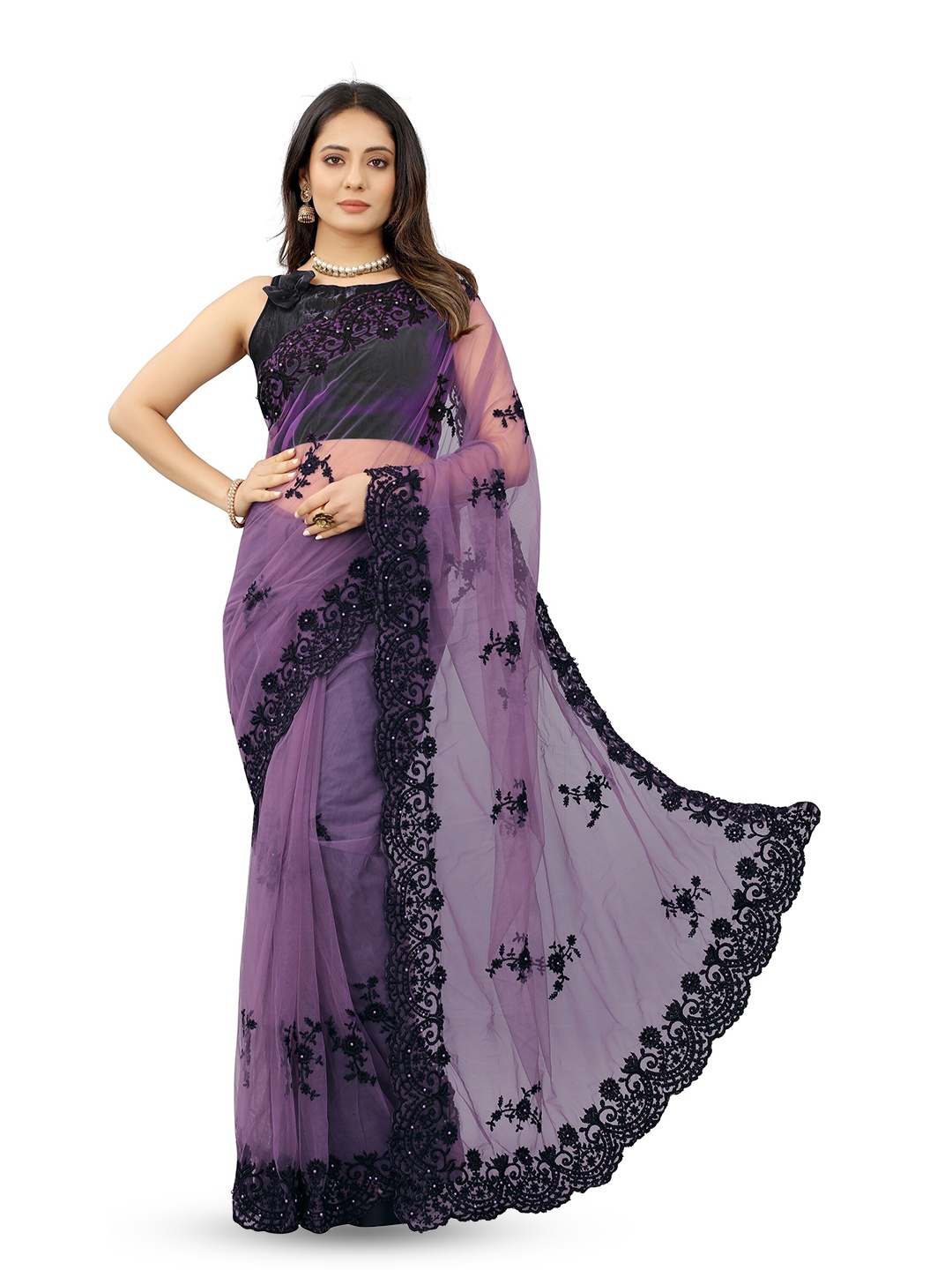 

BARKIYA CREATION Floral Embroidered Beads Detail Net Saree, Purple