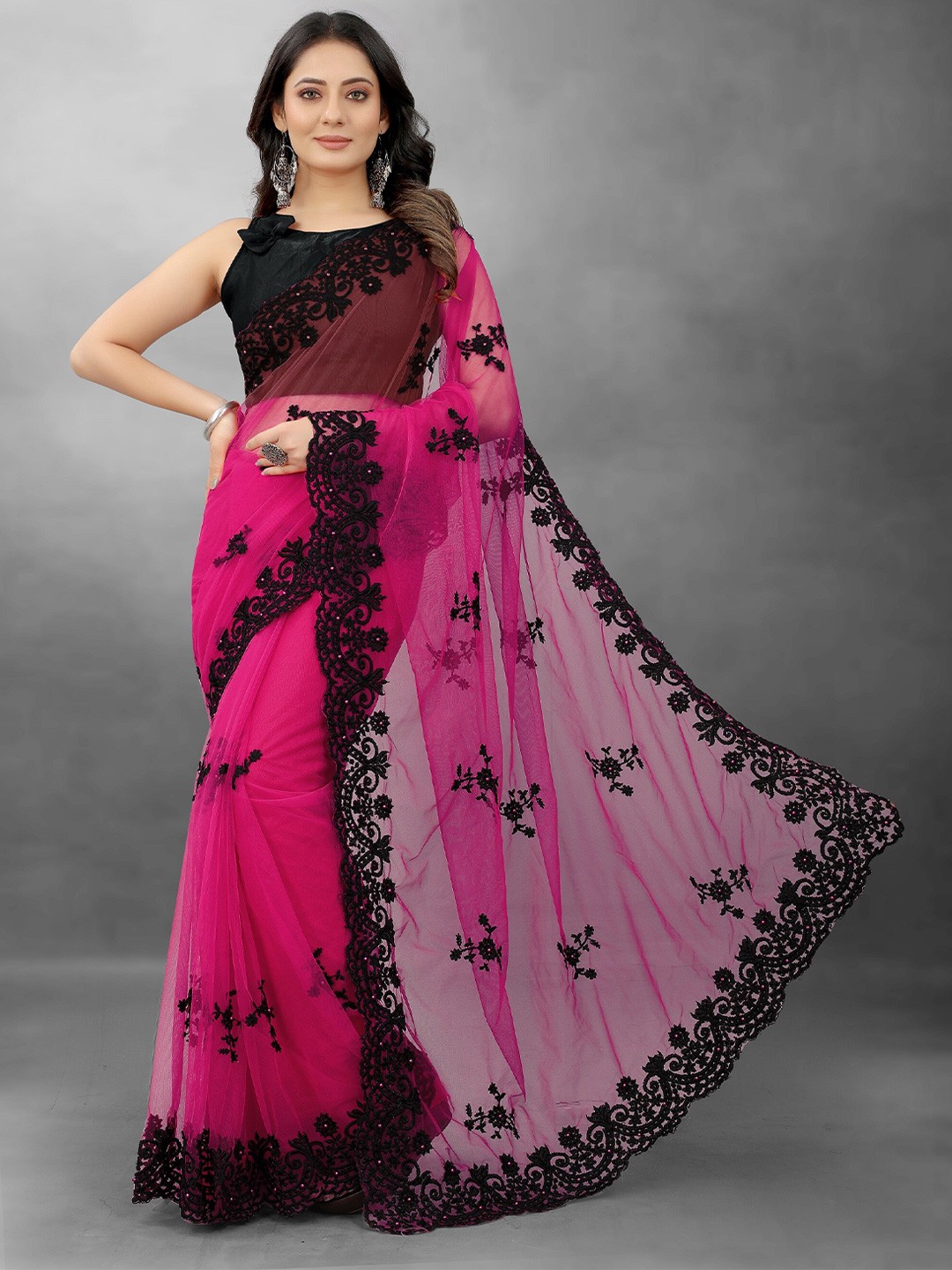 

BARKIYA CREATION Floral Embroidered Net Saree, Pink