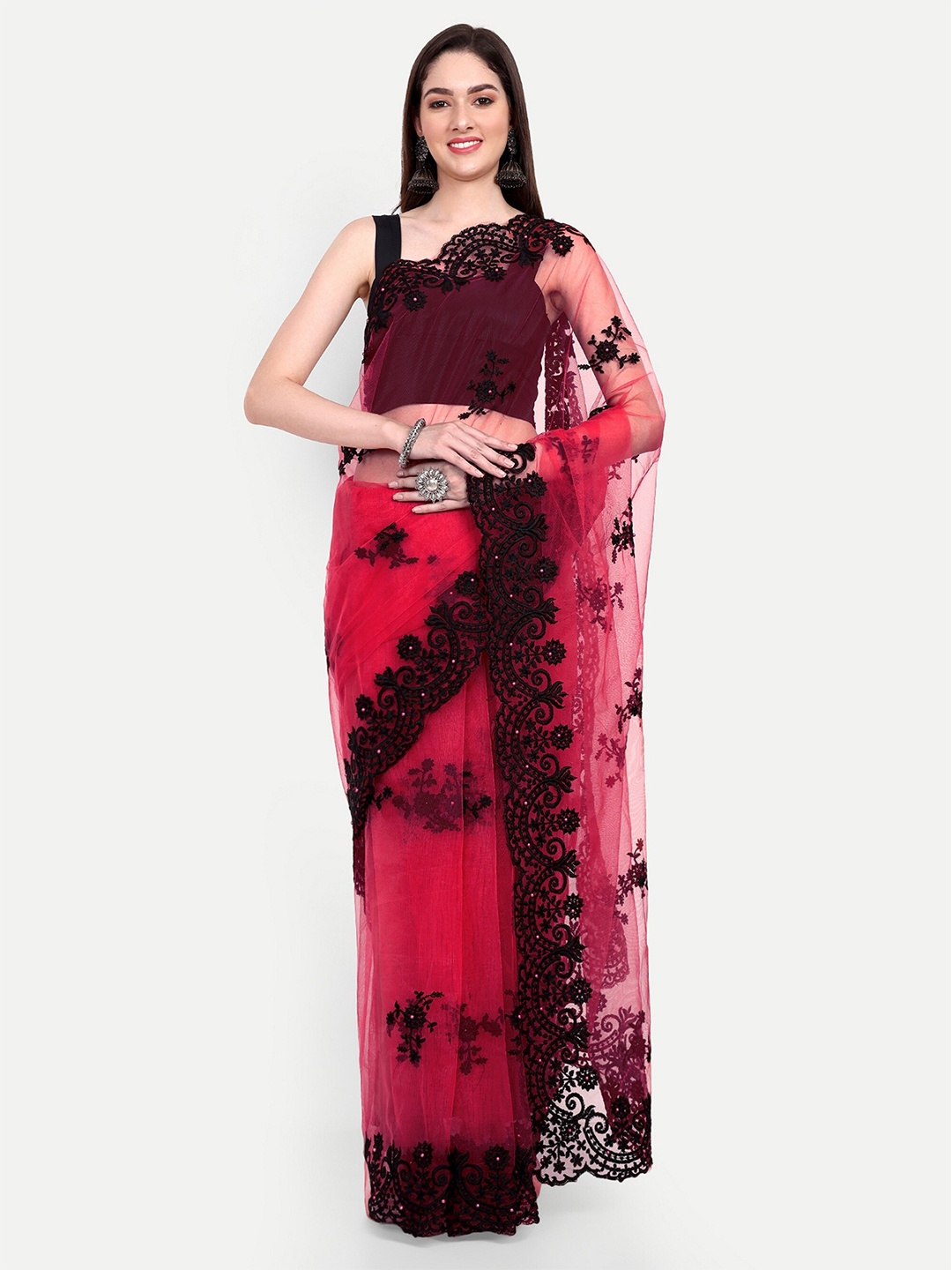 

BARKIYA CREATION Floral Embroidered Net Saree, Red