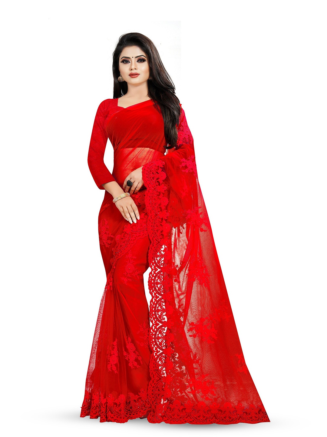 

BARKIYA CREATION Floral Embroidered Beads and Stones Net Saree, Red
