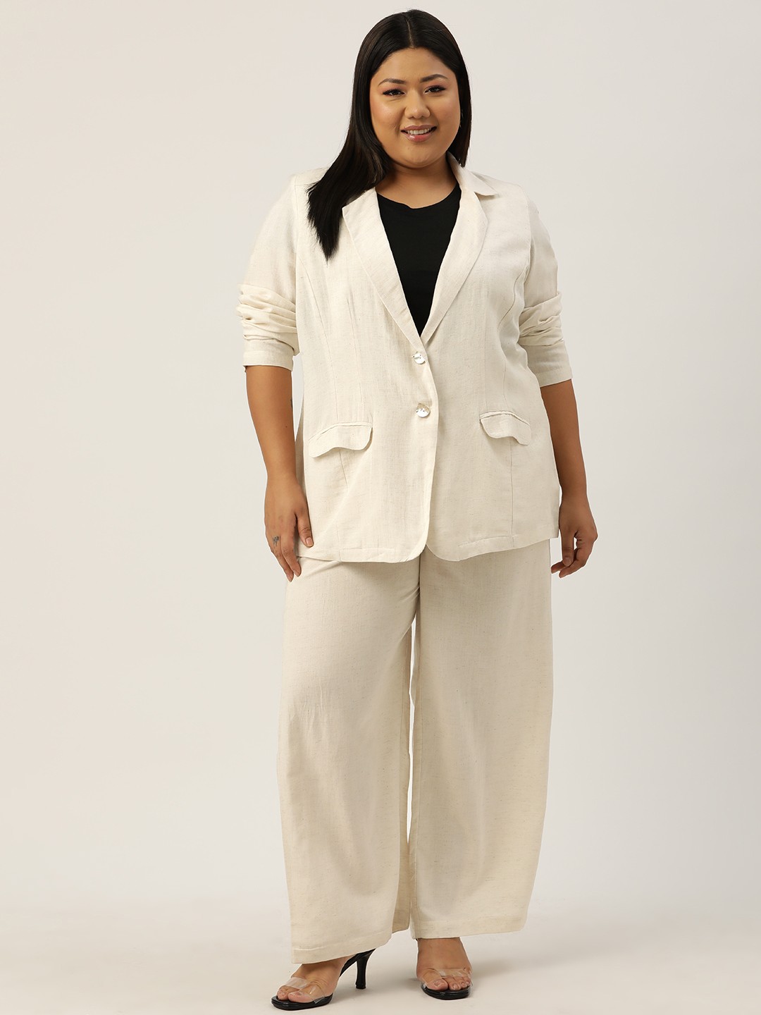 

theRebelinme Plus Size Linen Coat with Trousers, Off white