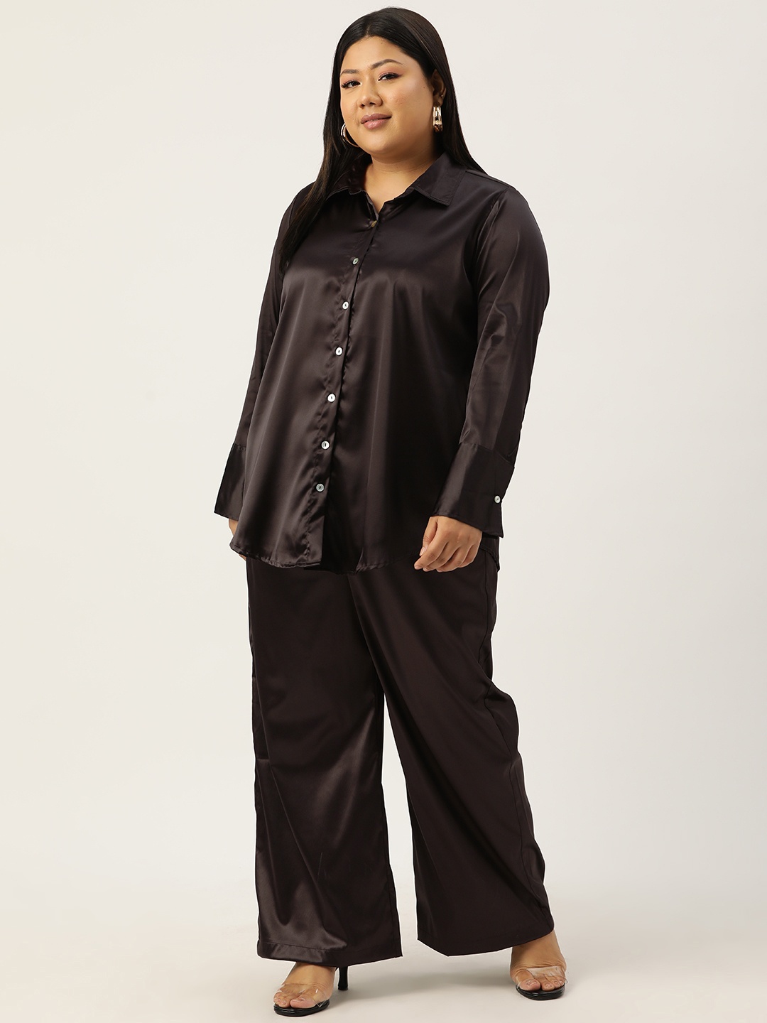 

theRebelinme Plus Size Satin Shirt with Palazzos, Brown