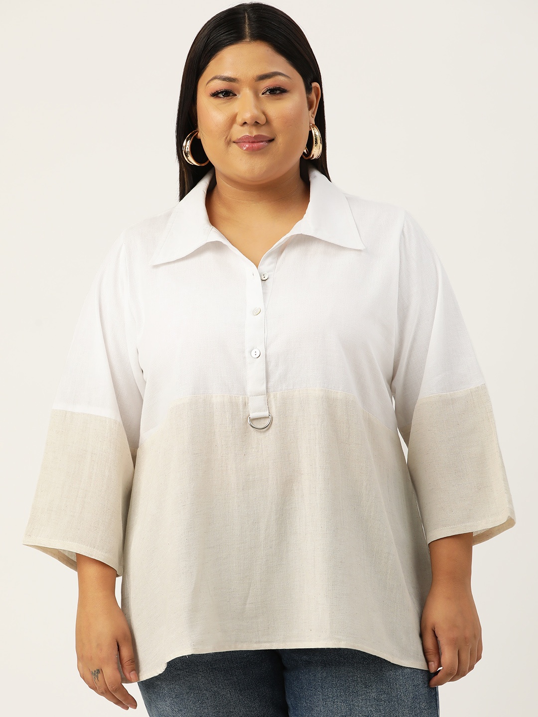 

theRebelinme Plus Size Colourblocked Linen Shirt Style Top, White