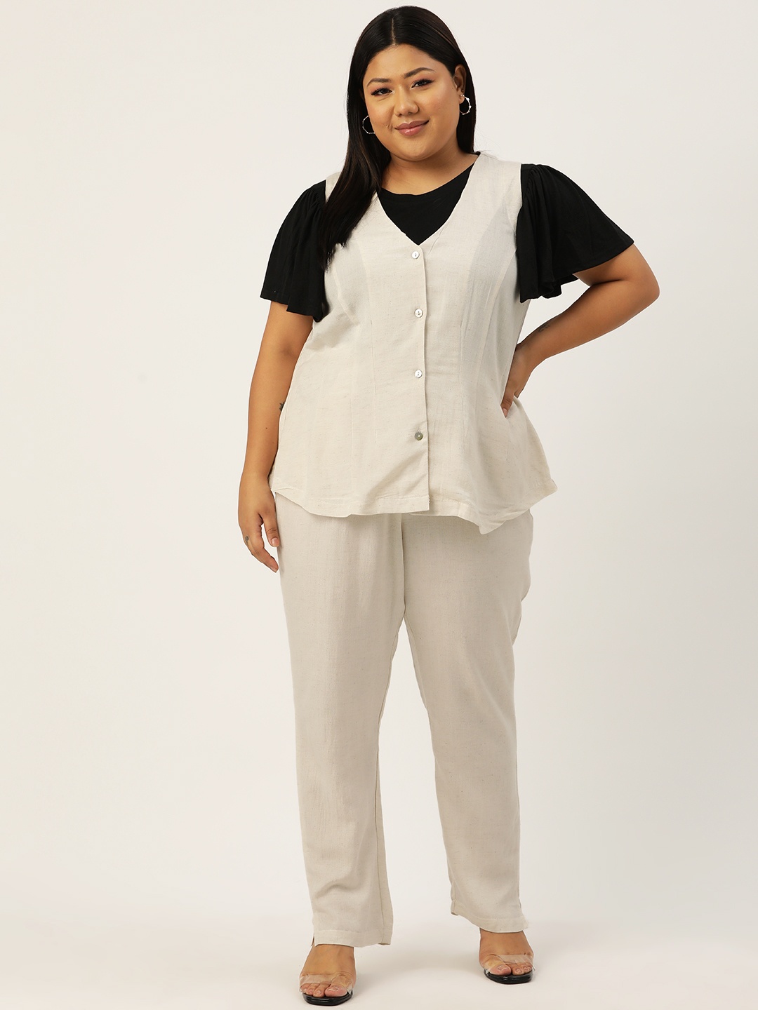 

theRebelinme Plus Size Linen Waistcoat with Trousers, Off white