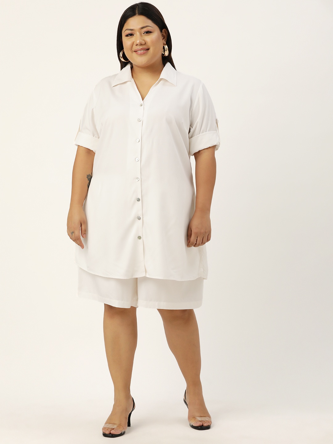 

theRebelinme Women Plus Size Solid Shirt with Shorts, White