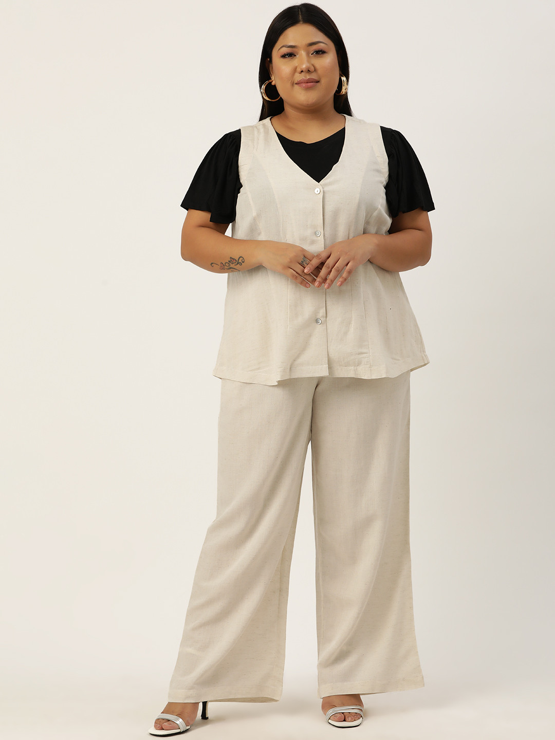 

theRebelinme Women Plus Size Solid Linen Coat with Trousers, Off white