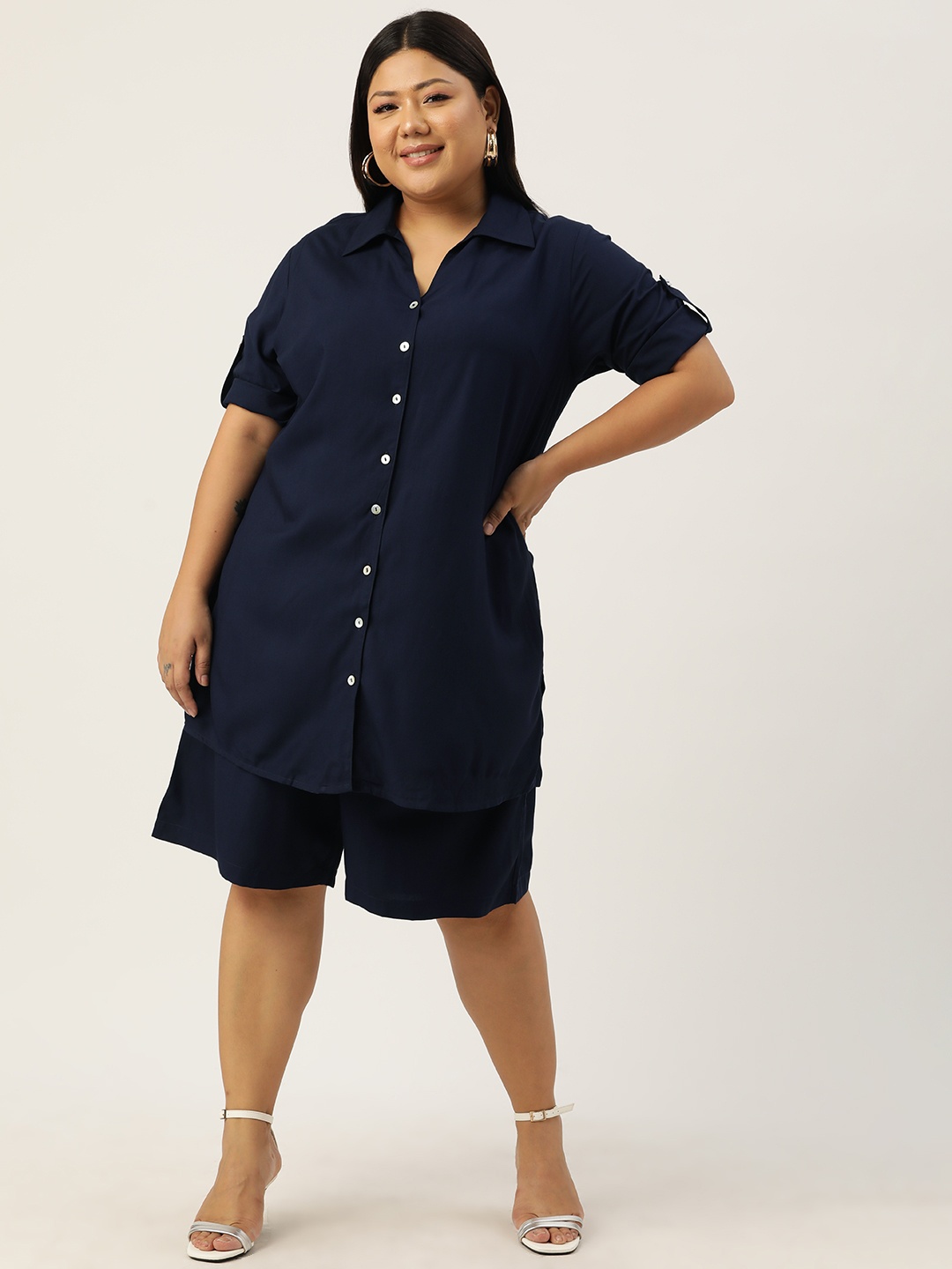 

theRebelinme Women Plus Size Solid Shirt with Shorts, Navy blue