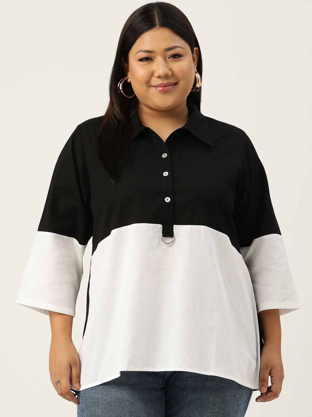 

theRebelinme Plus Size Colourblocked Linen Shirt Style Top, Black