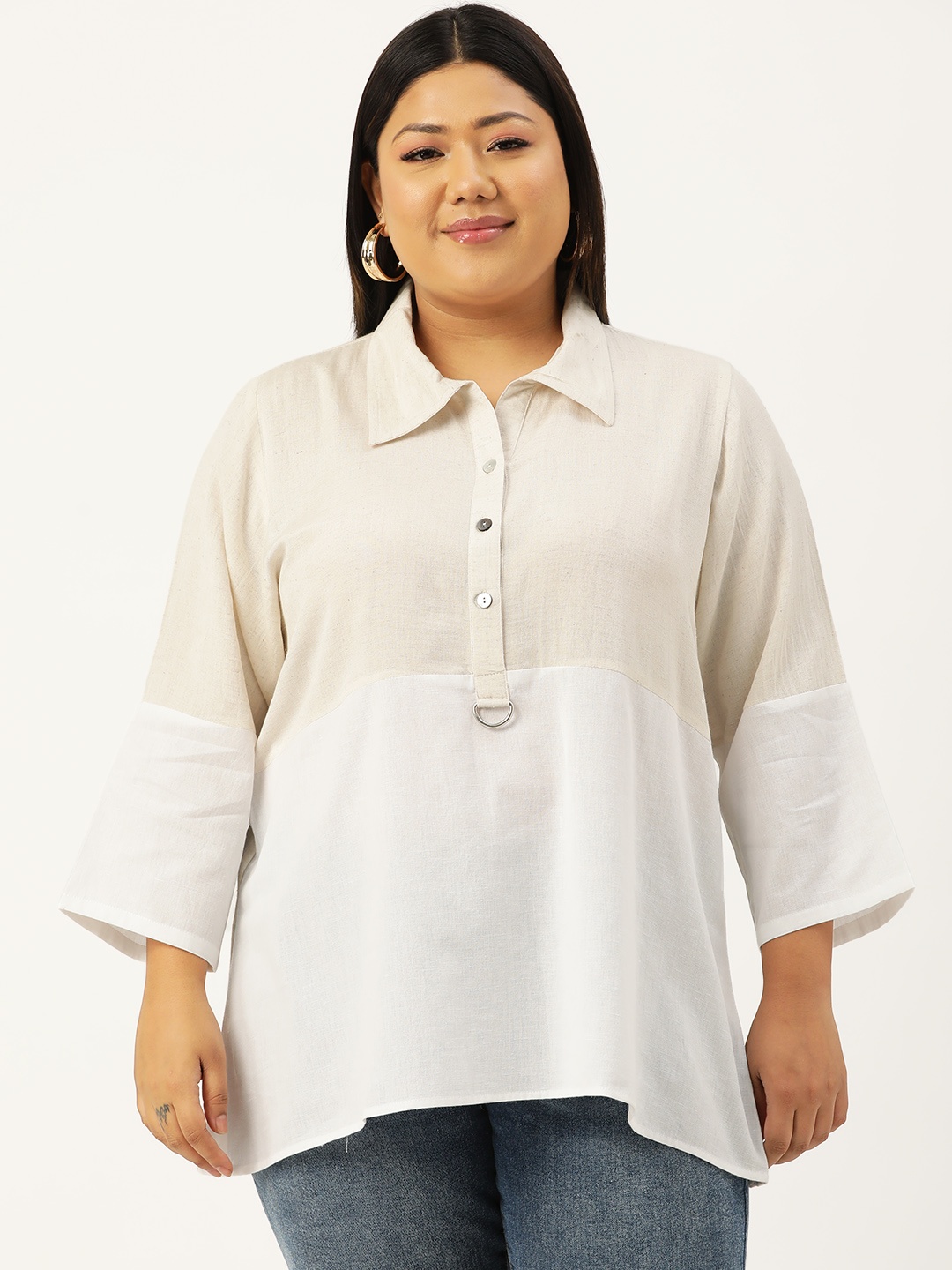 

theRebelinme Plus Size Colourblocked Linen Shirt Style Top, Off white