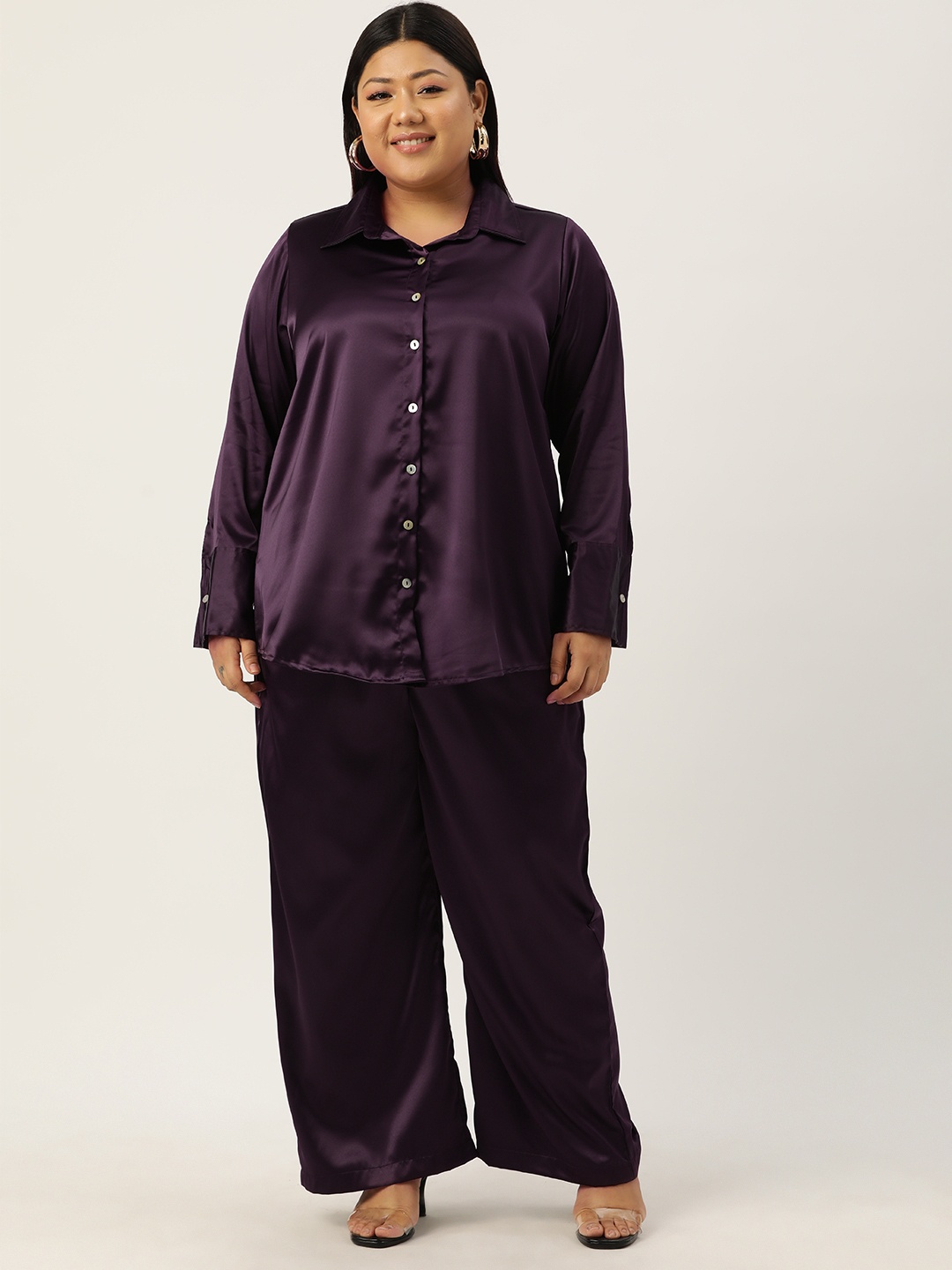 

theRebelinme Women Plus Size Solid Shirt with Trousers, Purple