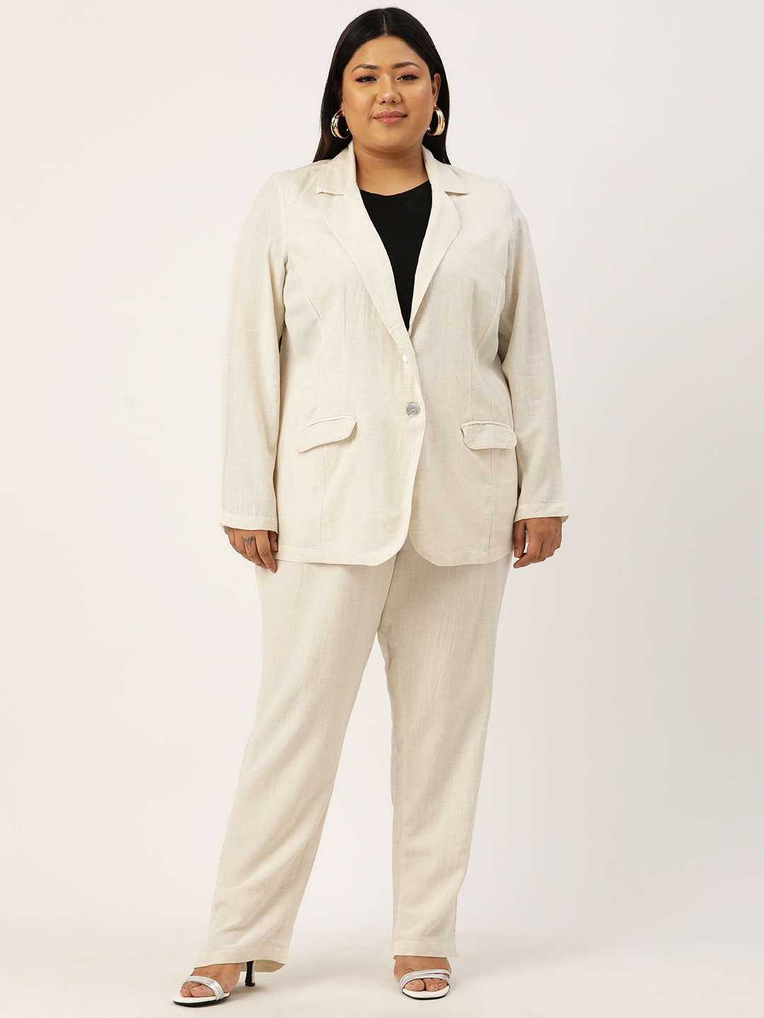 

theRebelinme Plus Size Linen Coat with Trousers, Off white