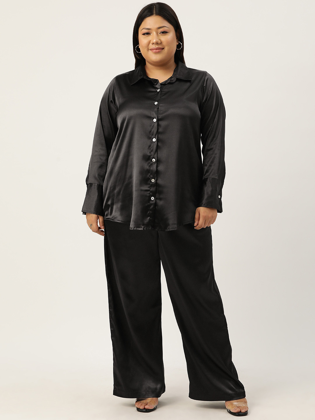 

theRebelinme Plus Size Satin Shirt with Palazzos, Black
