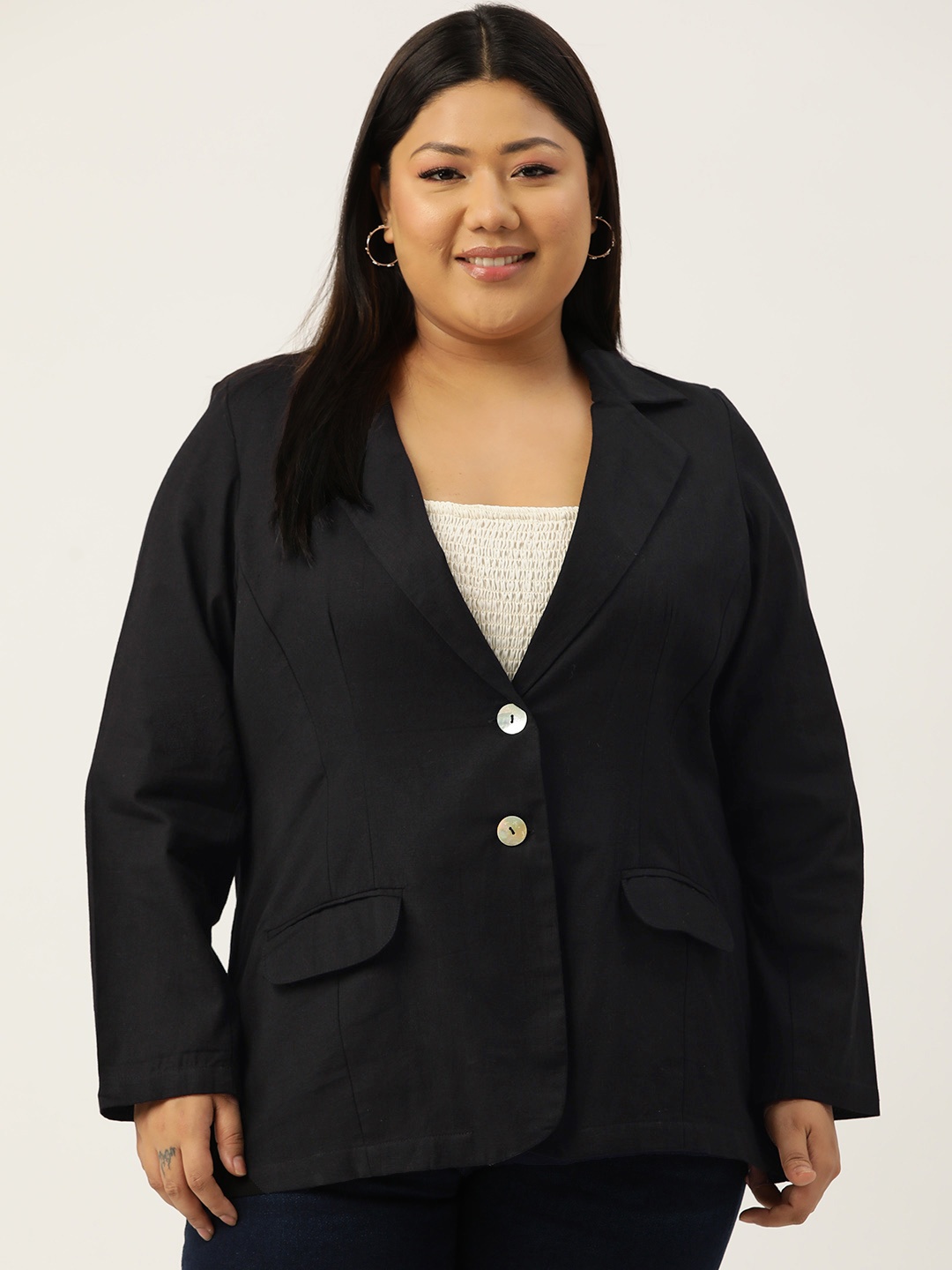 

theRebelinme Plus Size Pure Linen Single-Breasted Longline Blazer, Black
