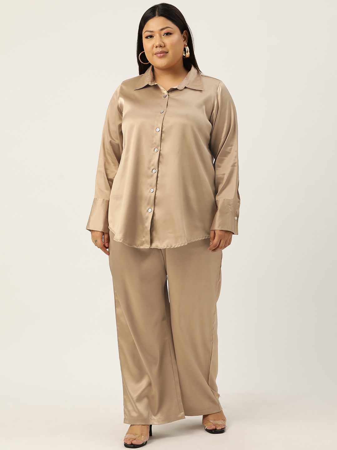 

theRebelinme Plus Size Satin Shirt with Palazzos, Gold