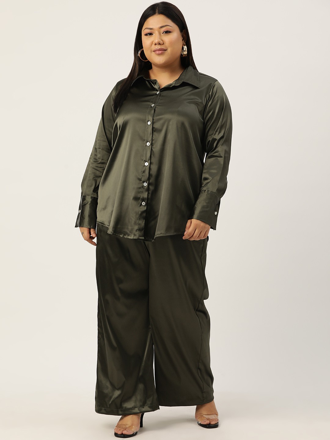 

theRebelinme Plus Size Satin Shirt with Palazzos, Olive