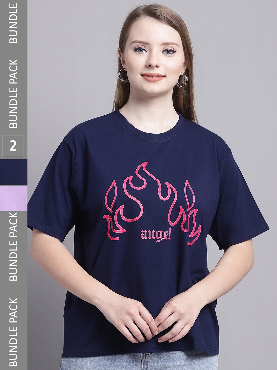 GRACIT Pack Of 2 Typography Printed Pure Cotton Oversized T-Shirt, Purple