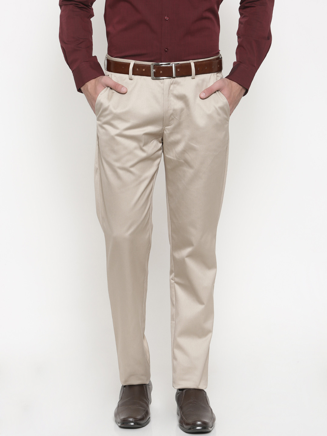 

Peter England Men Beige Slim Fit Solid Formal Trousers