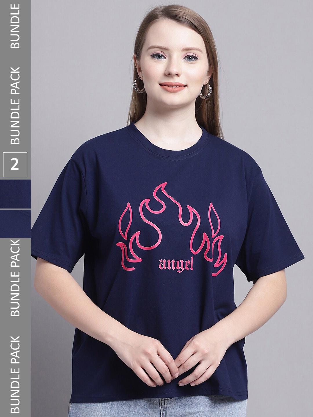 

GRACIT Pack Of 2 Typography Printed Pure Cotton Oversized T-Shirt, Navy blue