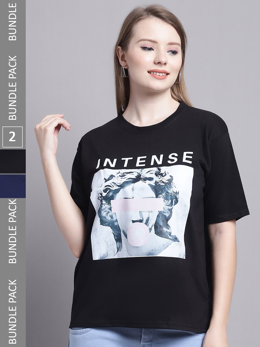 

GRACIT Pack Of 2 Typography Printed Cotton Oversized T-shirt, Navy blue