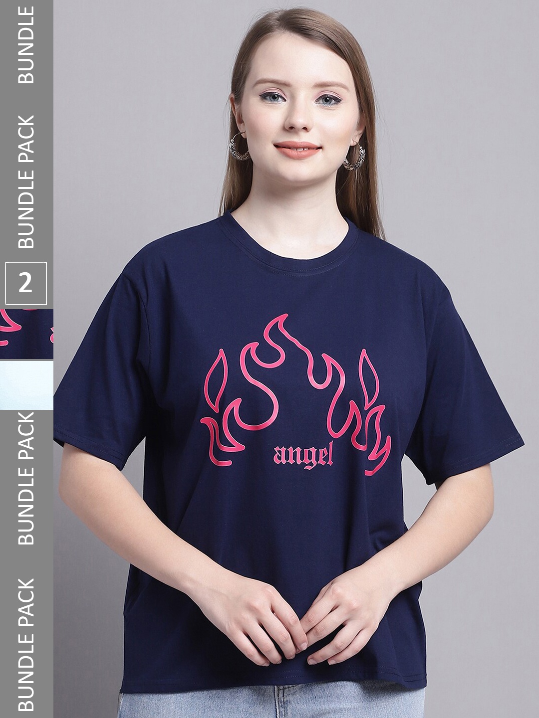 

GRACIT Pack Of 2 Typography Printed Pure Cotton Oversized T-Shirt, Blue