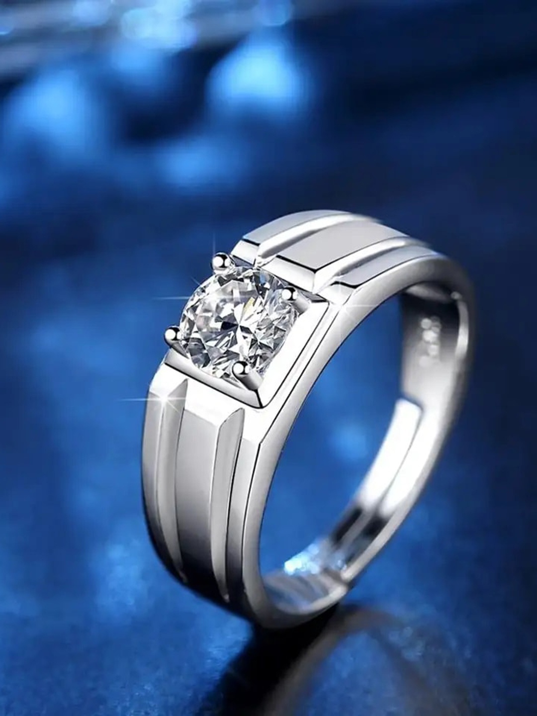 

MEENAZ Men Silver-Plated American Diamond Studded Adjustable Finger Ring