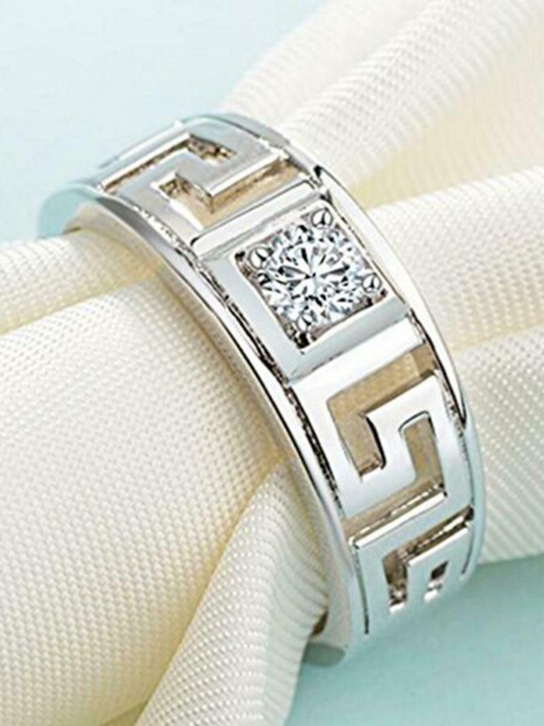 

MEENAZ Men Silver-Plated American Diamond Studded Adjustable Finger Ring