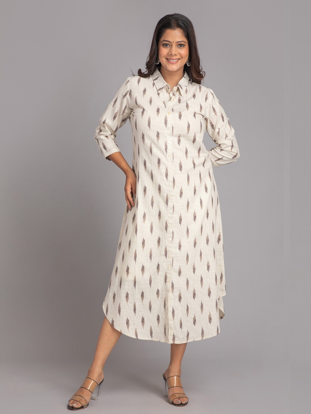 

SUTI Geometric Printed Shirt Collar Cotton Shirt Midi Dress, Off white