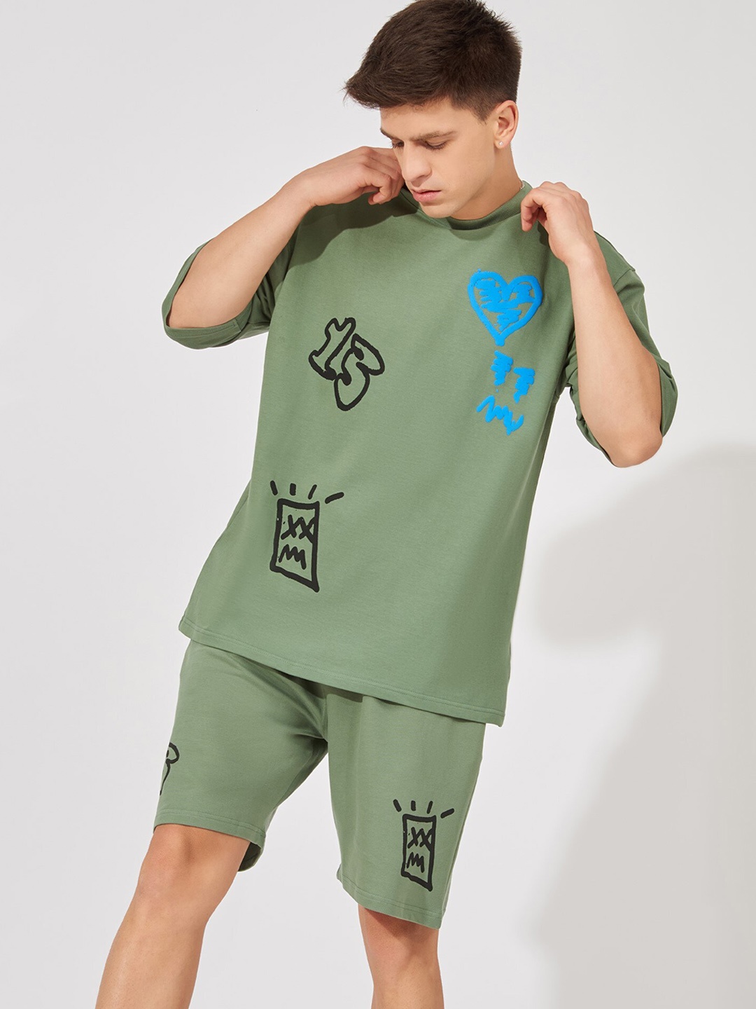 

Maniac Graphic Printed Pure Cotton T-shirt And Shorts, Green