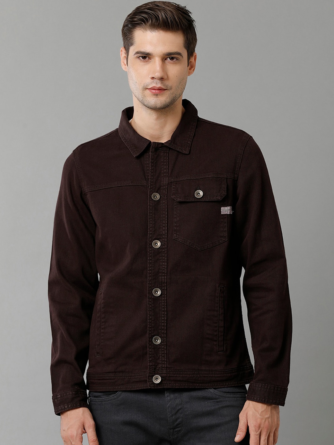 

Voi Jeans Spread Collar Cotton Denim Jacket, Brown