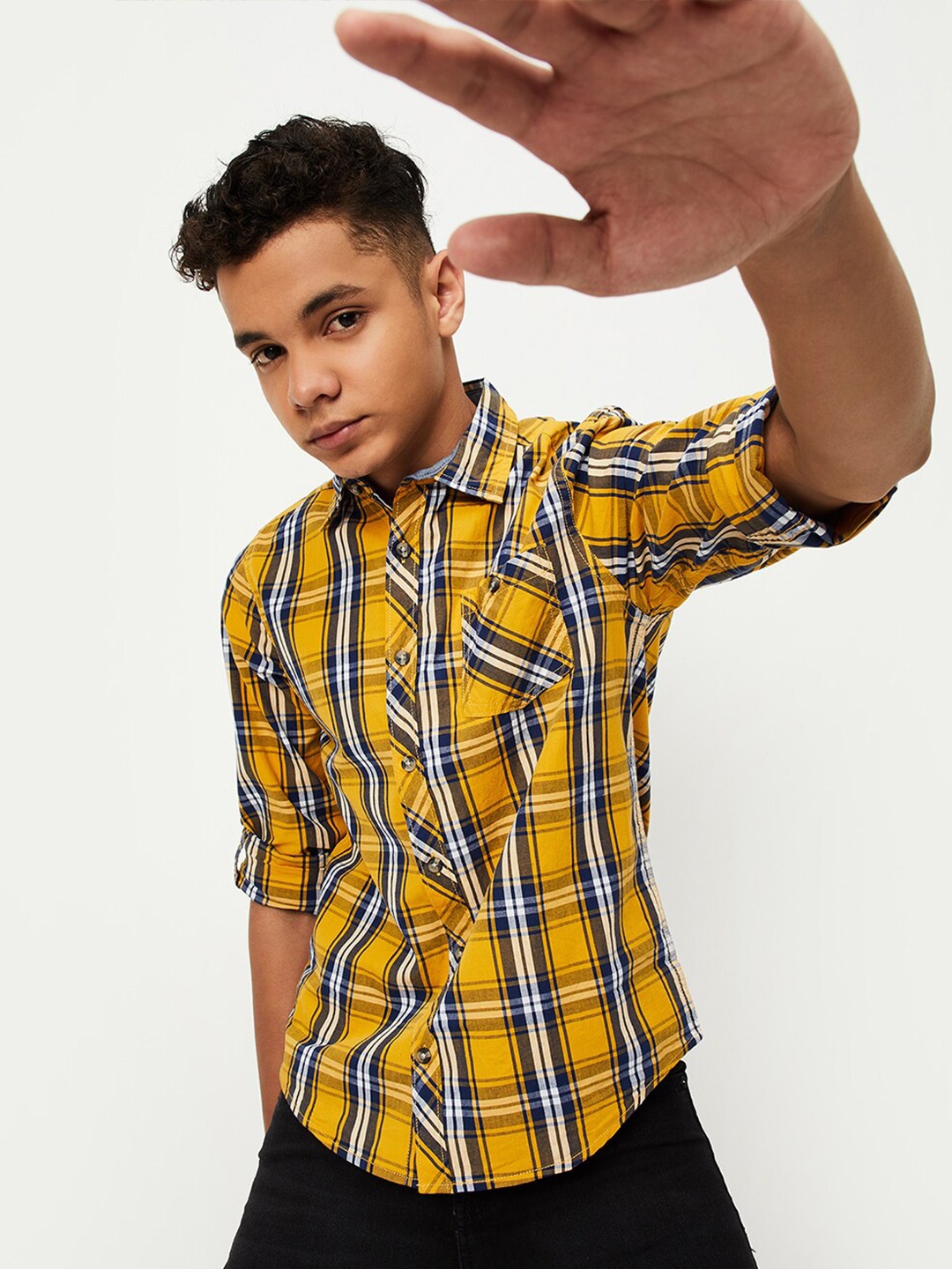 

max Boys Checked Pure Cotton Casual Shirt, Yellow