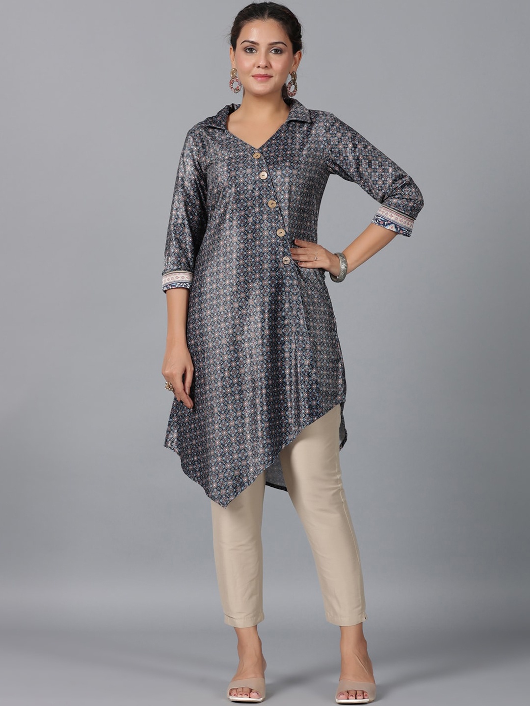 

Juniper Ethnic Motifs Printed Shirt Collar A-Line Kurta, Green