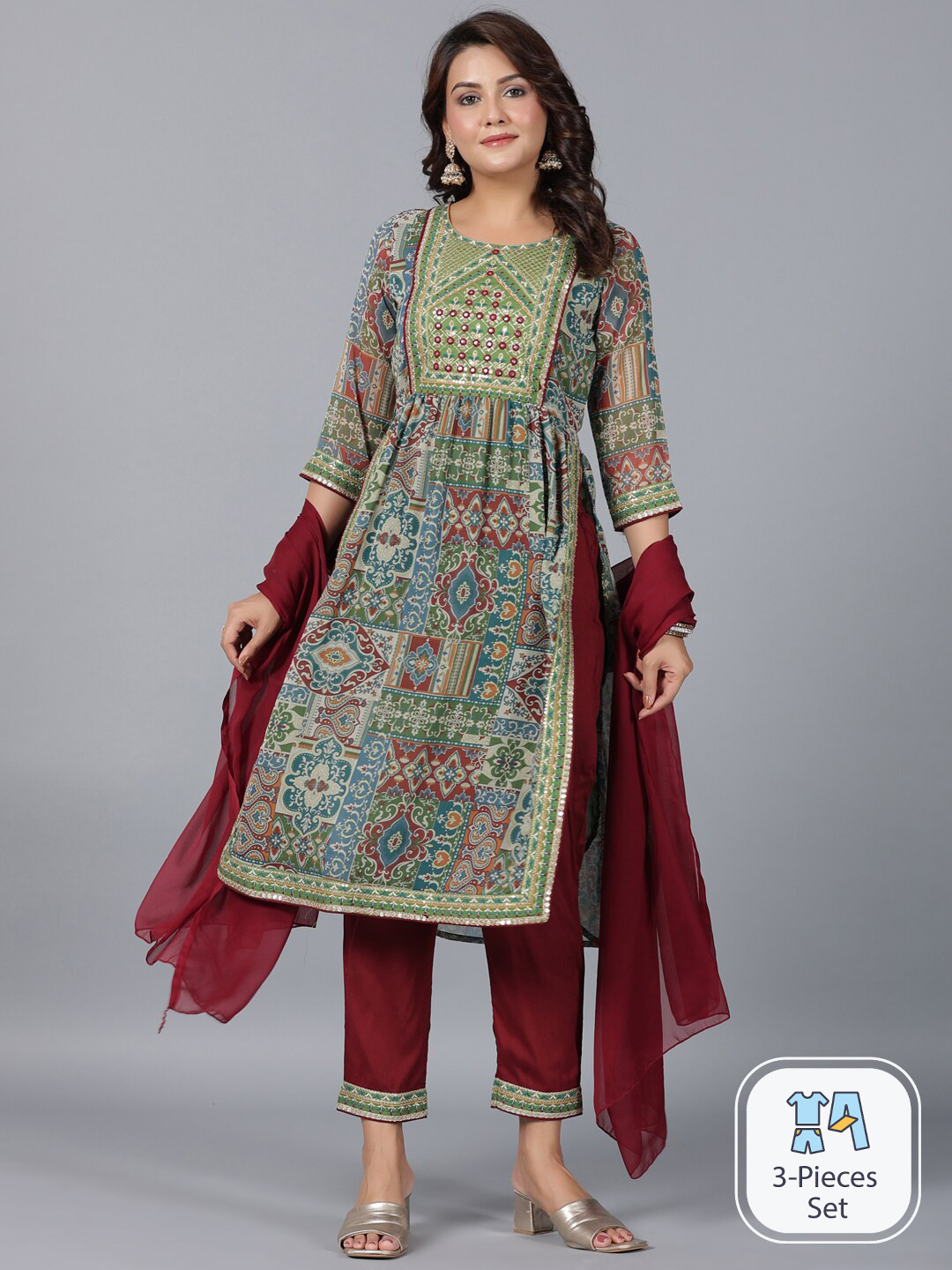 

Juniper Ethnic Motifs Printed Thread Work Chanderi Silk Kurta & Trousers With Dupatta, Green