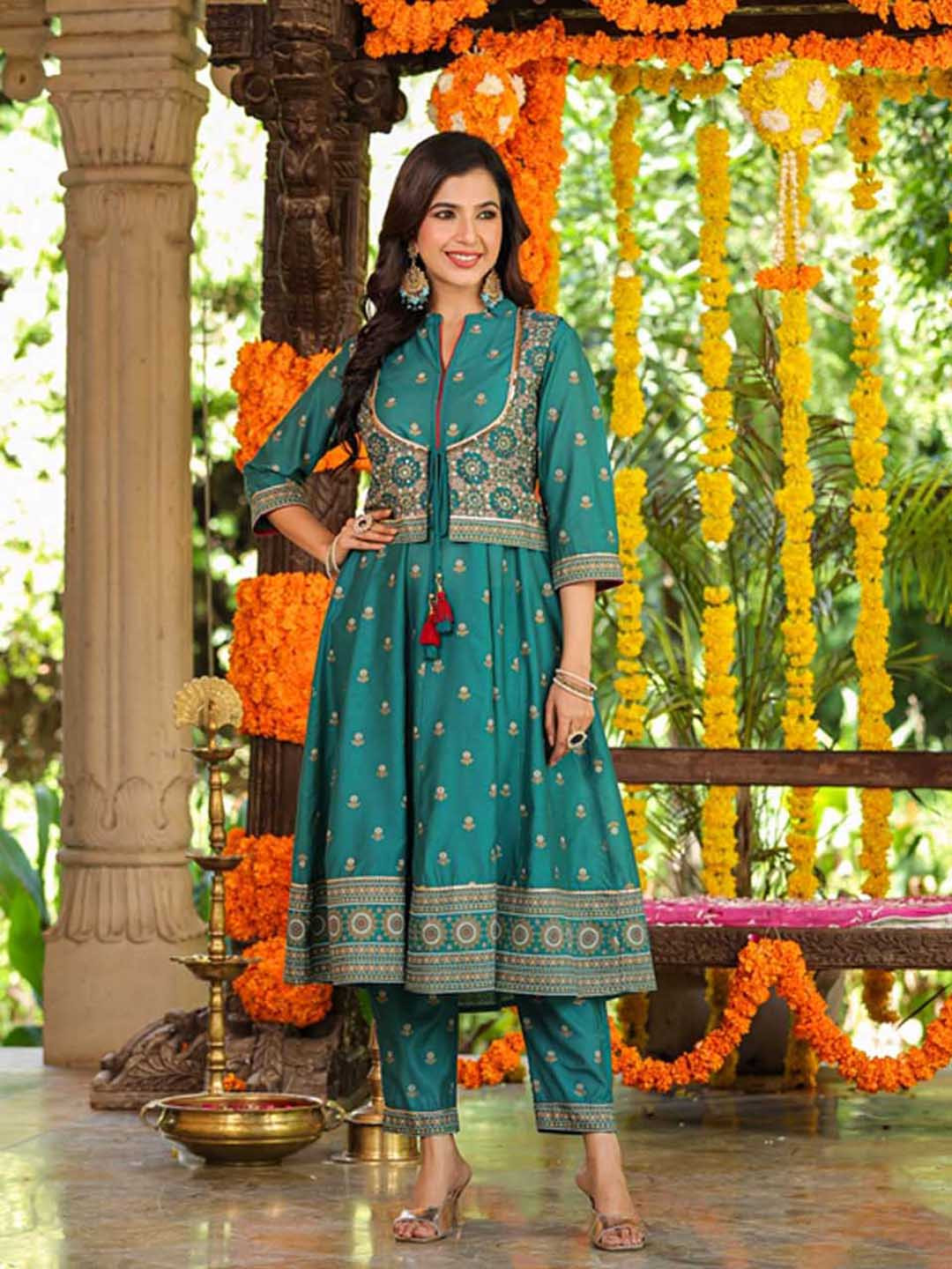 

Juniper Ethnic Motifs Printed Beads and Stones Chanderi Silk Kurta with Trousers & Jacket, Teal