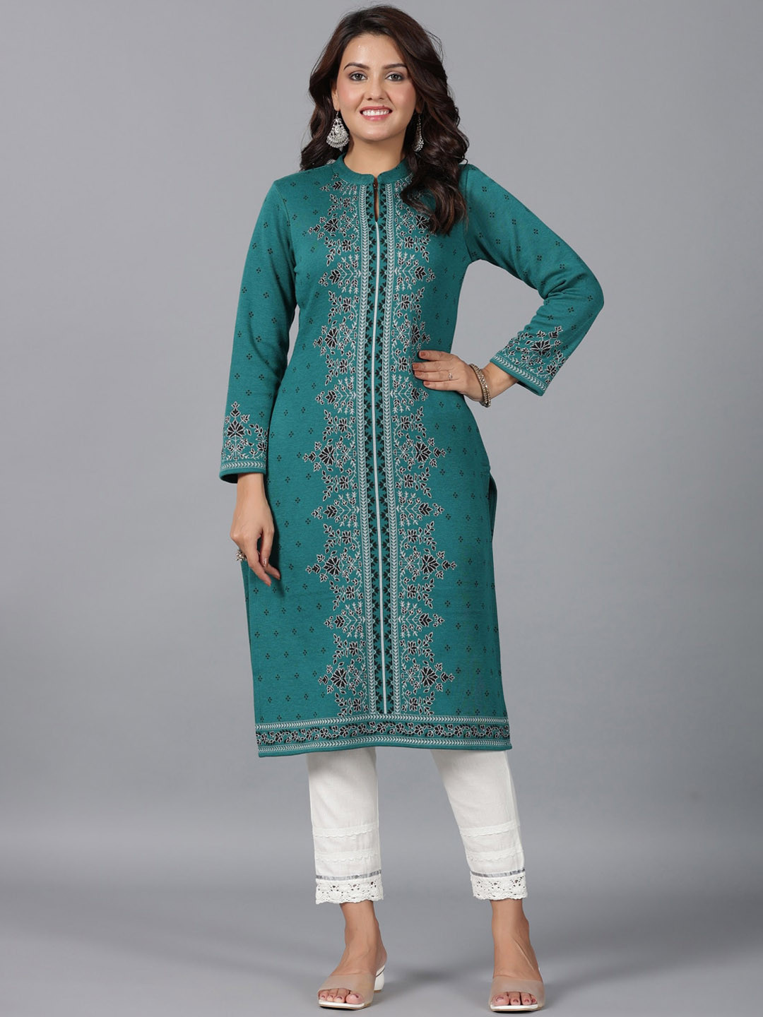 

Juniper Ethnic Motifs Printed Band Collar Straight Kurta, Teal