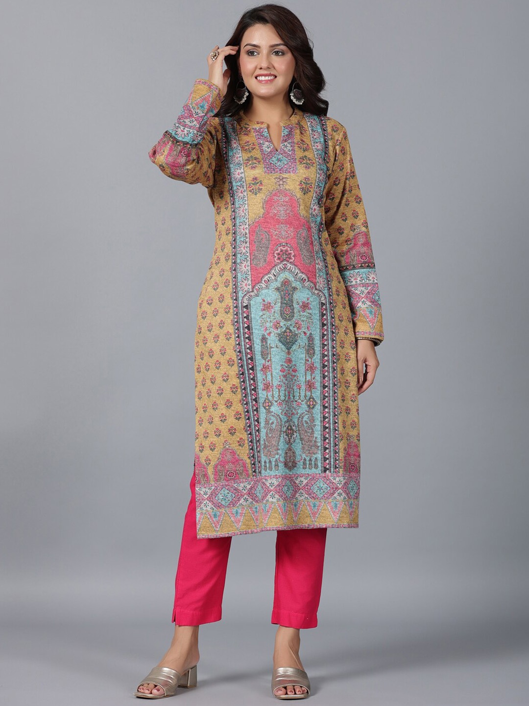 

Juniper Ethnic Motifs Printed Band Collar Straight Kurta, Orange