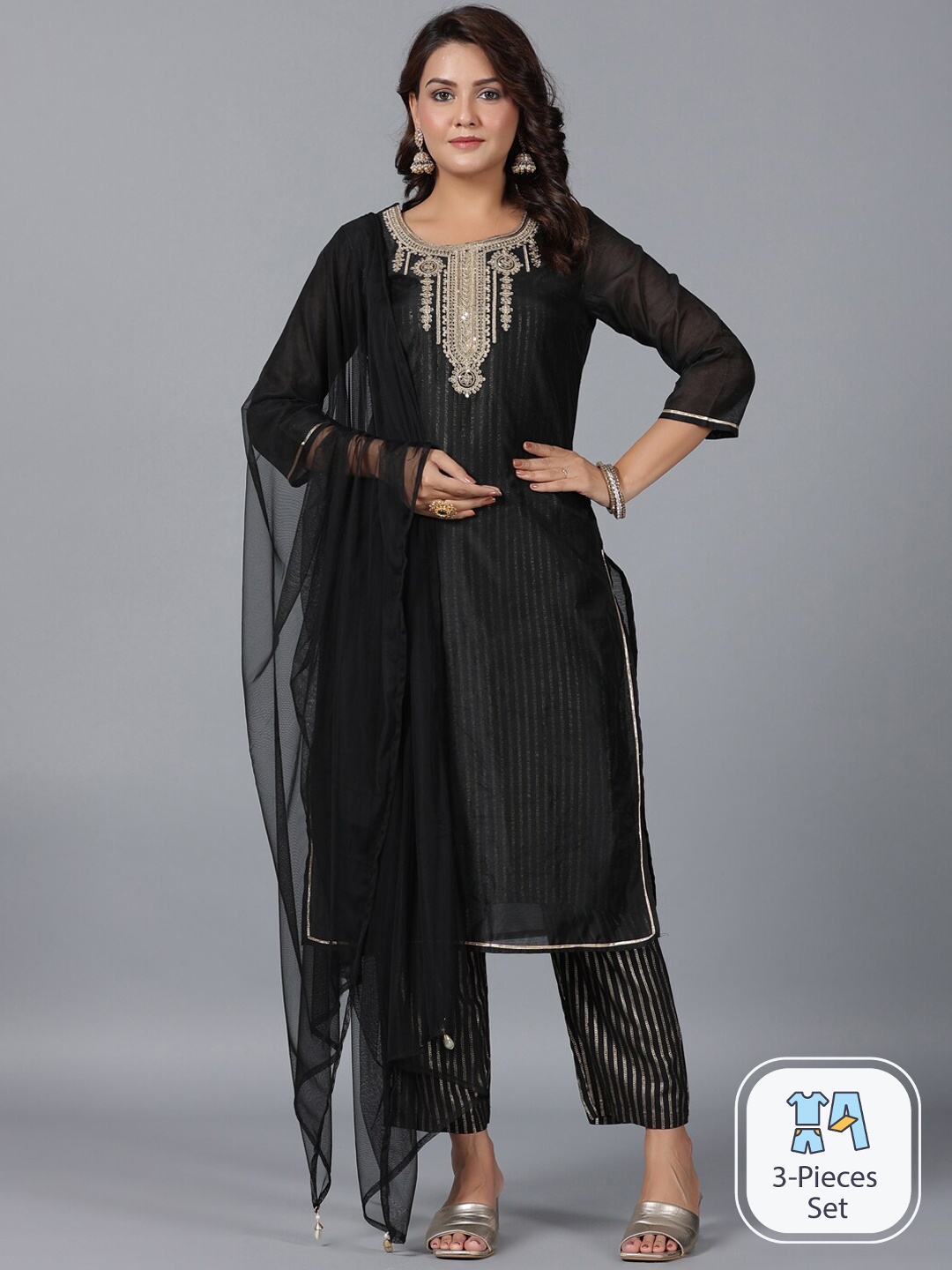

Juniper Striped Sequinned Straight Kurta & Trousers With Dupatta, Black