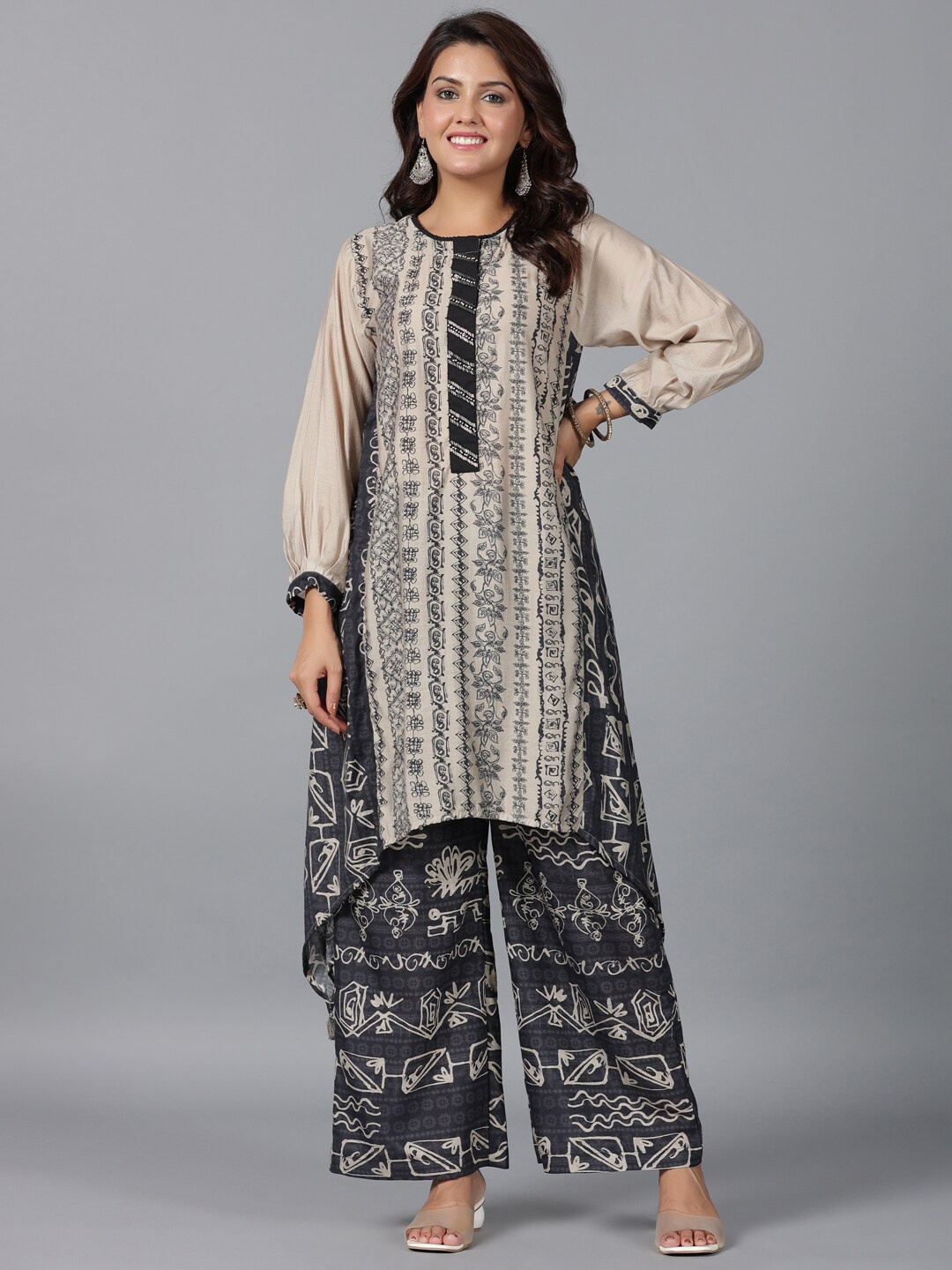 

Juniper Ethnic Motifs Printed A Line Kurta With Palazzos, Beige