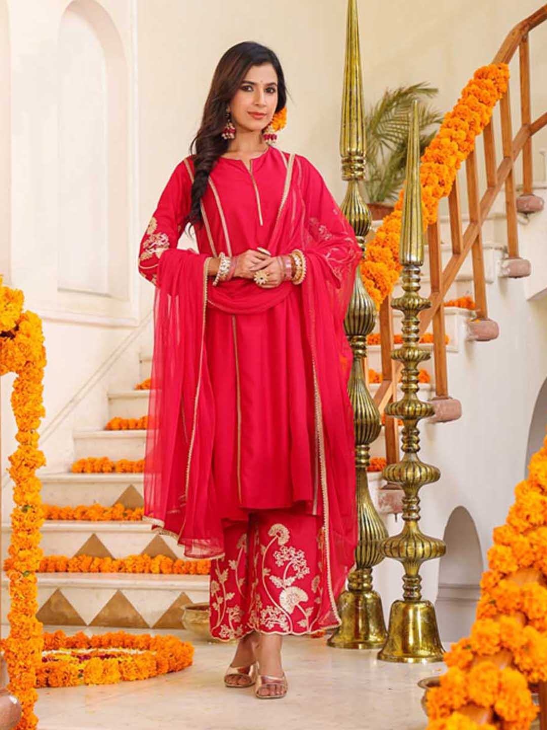 

Juniper Gotta Patti Chanderi Silk Anarkali Kurta & Palazzos With Dupatta, Fuchsia