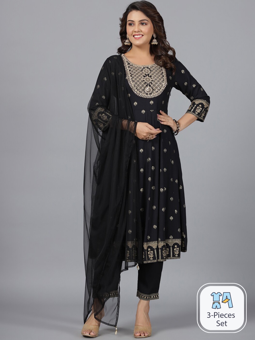 

Juniper Floral Printed Thread Work Anarkali Kurta & Trousers With Dupatta, Black