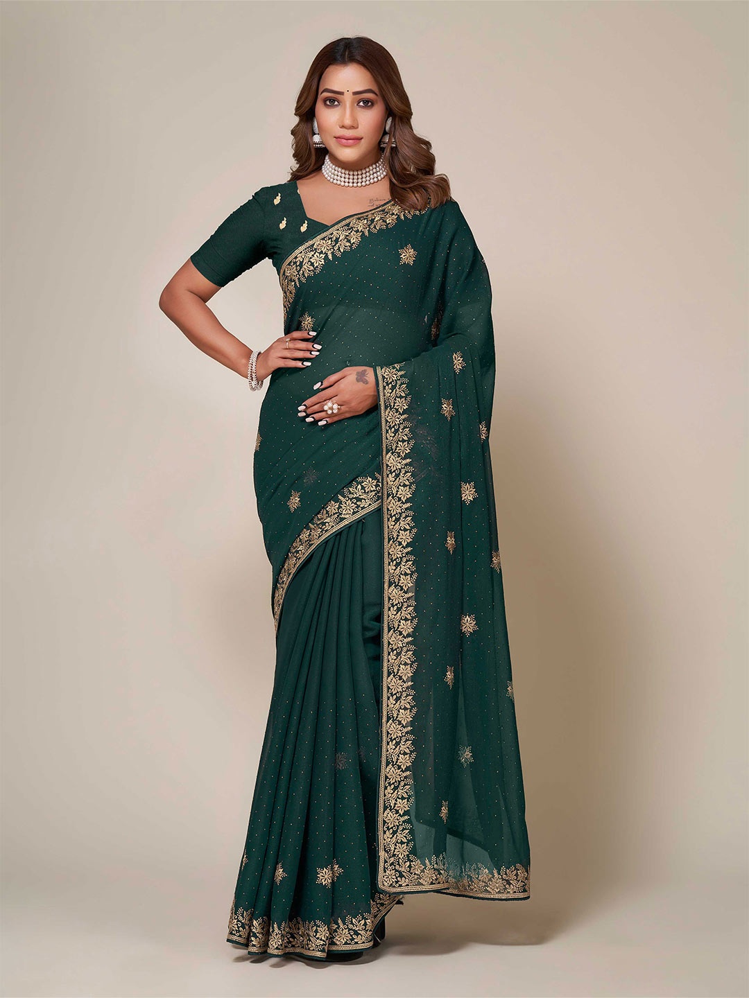 

choiceit Ethnic Motifs Embroidered Silk Blend Kanjeevaram Saree, Green