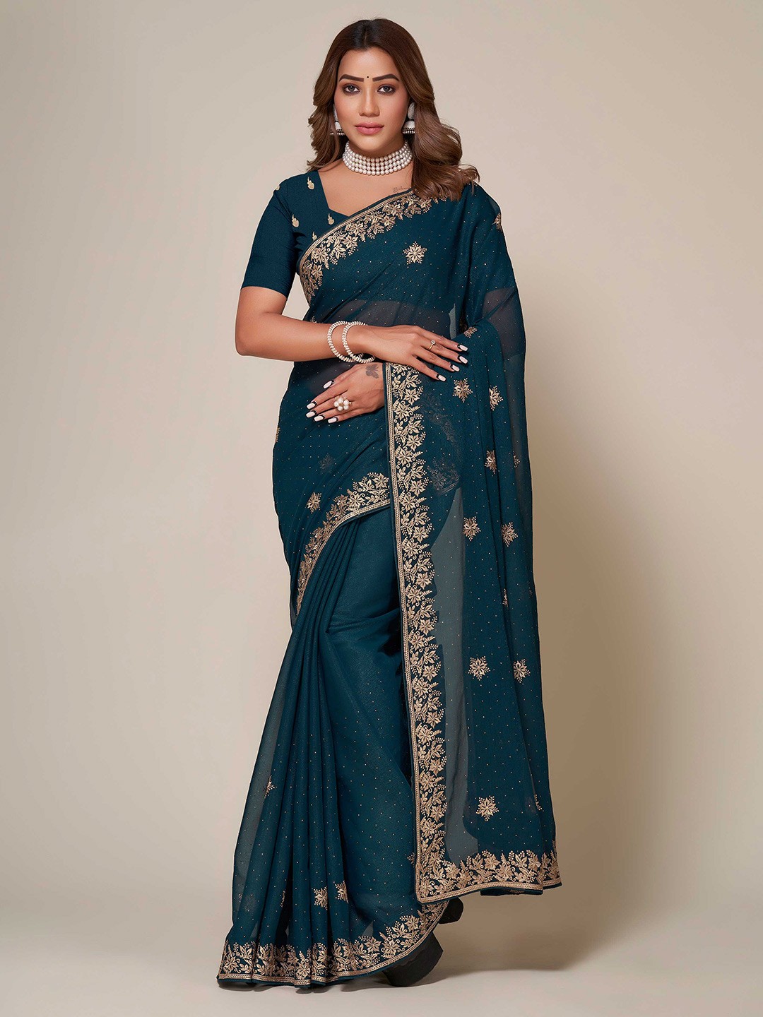 

choiceit Ethnic Motifs Embroidered Silk Blend Kanjeevaram Saree, Navy blue