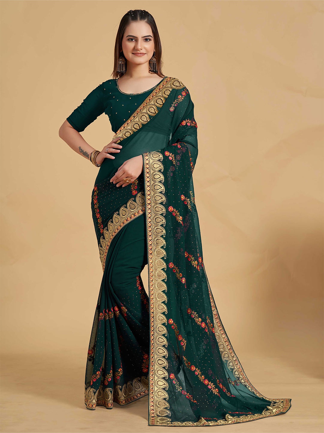 

choiceit Floral Embroidered Pure Georgette Maheshwari Saree, Green