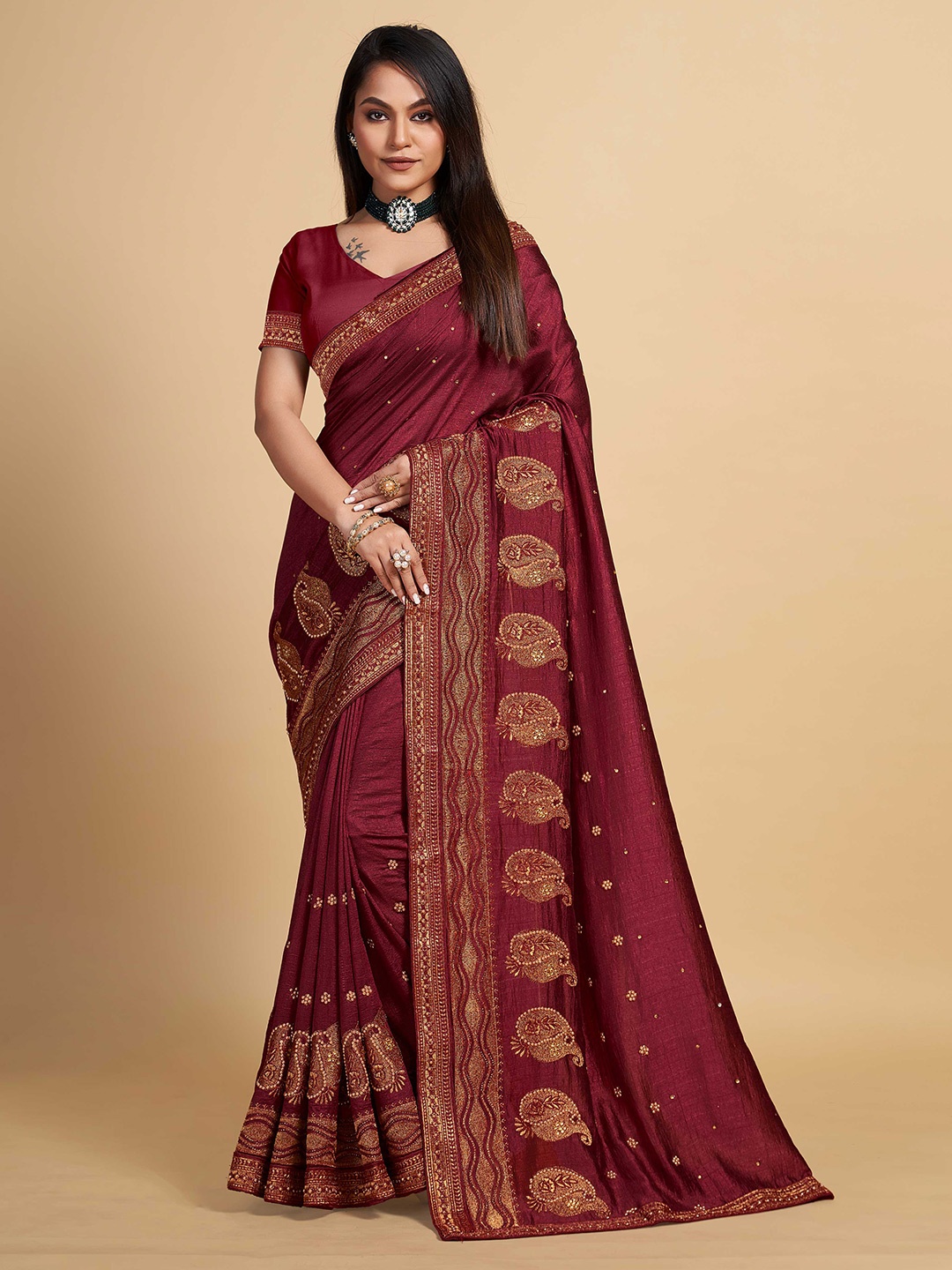 

choiceit Ethnic Motifs Embroidered Silk Blend Maheshwari Saree, Maroon